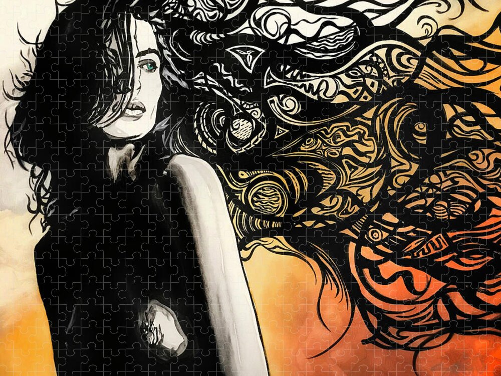 Lady Woman Female Girl Beautiful Beauty Hair Tribal Design Nude Shadows B&w Gold Silver Bronze Rustic Green Eyes Mouth Skin Body Fashion Love Lover Jigsaw Puzzle featuring the painting Unmistakeable by Sergio Gutierrez