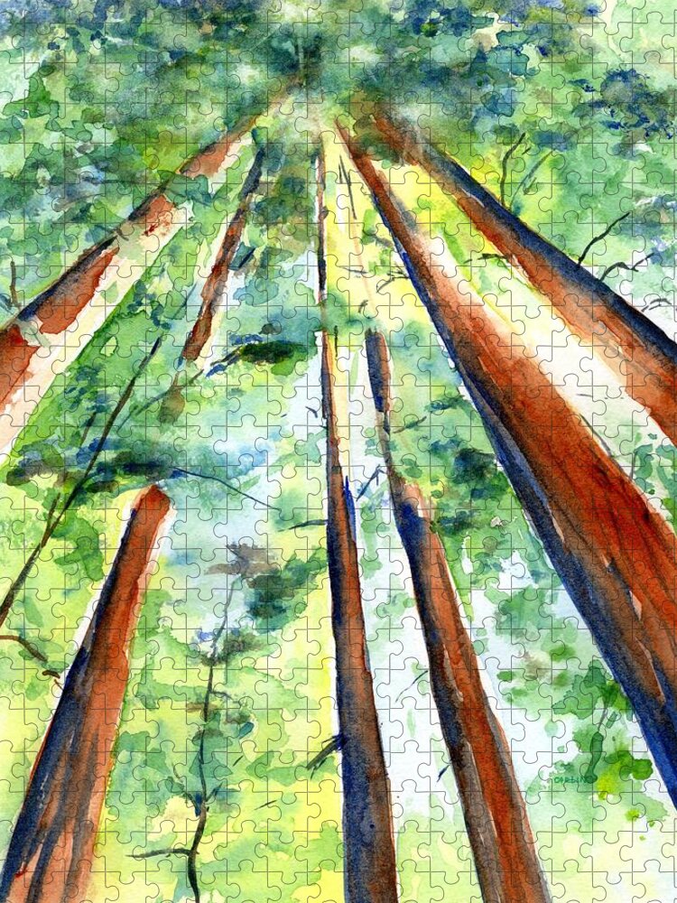 Trees Jigsaw Puzzle featuring the painting Up through the Redwoods by Carlin Blahnik CarlinArtWatercolor