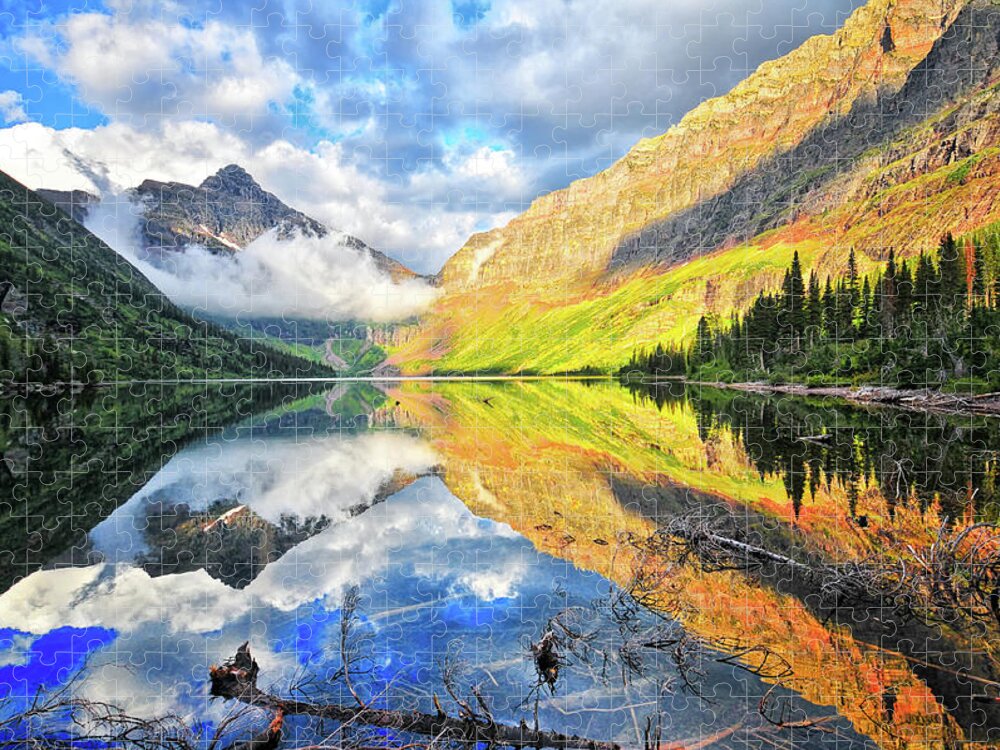 Tranquility Jigsaw Puzzle featuring the photograph Upper Two Medicine Lake At Sunrise by J. Lindhardt Photography