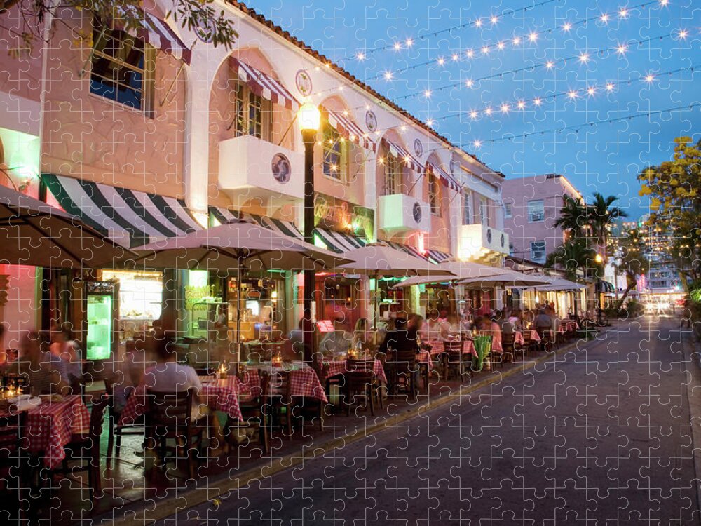 In A Row Jigsaw Puzzle featuring the photograph Usa, Florida, Miami Beach. Restaurant by Buena Vista Images
