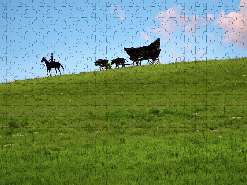 Estock Jigsaw Puzzle featuring the digital art Usa, Kansas, Cowboy, Covered Wagon by Claudia Uripos