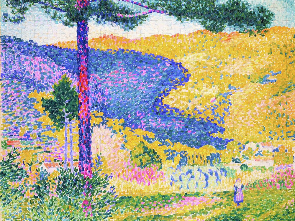 Valley With Fir Jigsaw Puzzle featuring the painting Valley with Fir, Shade on the Mountain - Digital Remastered Edition by Henri Edmond Cross