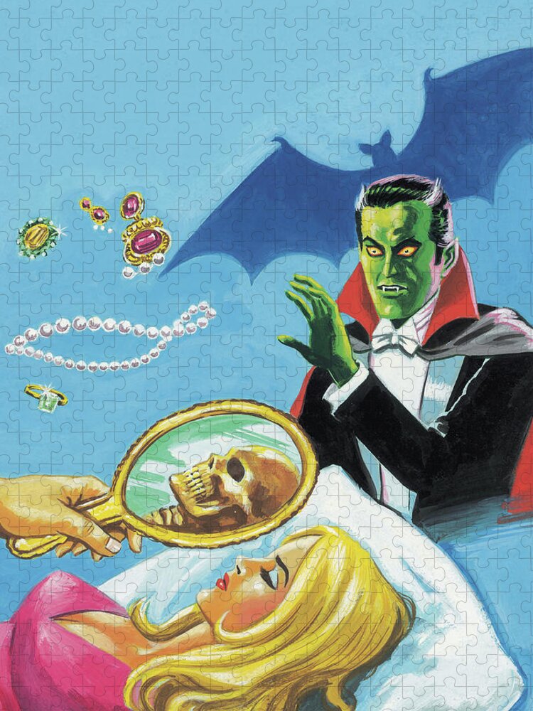 Afraid Jigsaw Puzzle featuring the drawing Vampire and Woman Sleeping by CSA Images