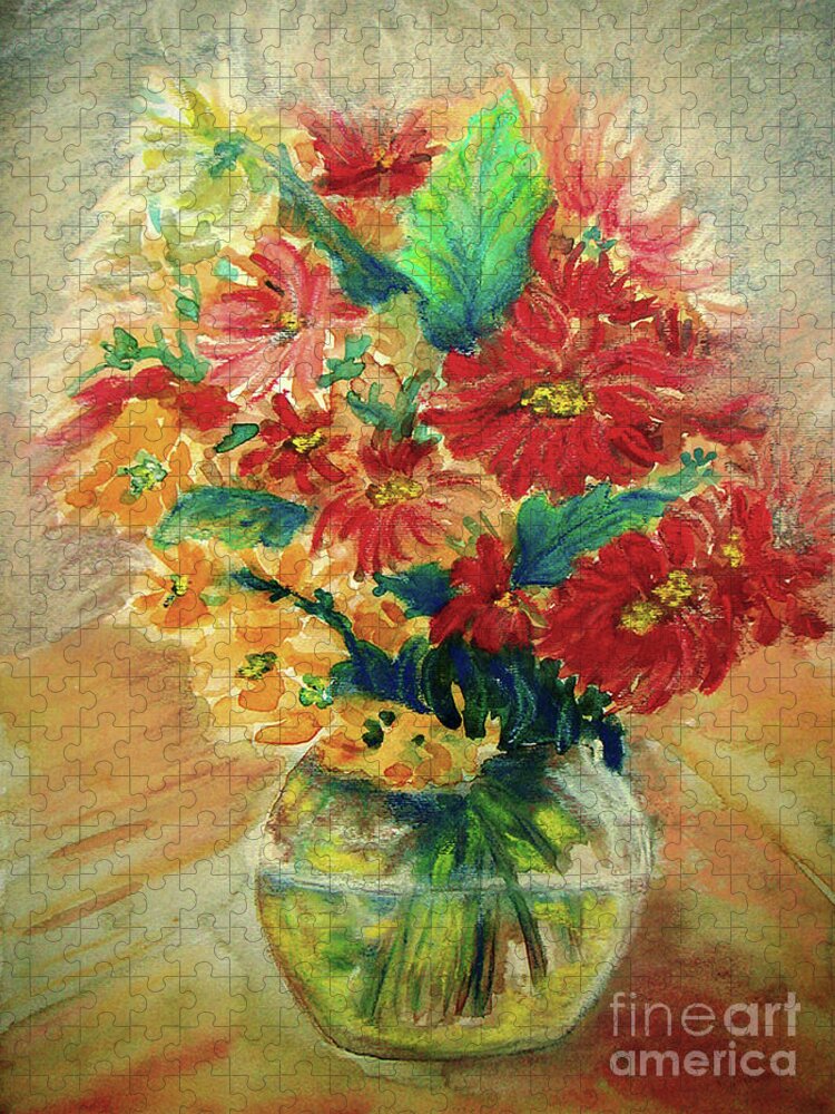 Flowers Jigsaw Puzzle featuring the painting Vase by Jasna Dragun