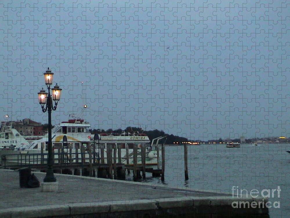 Venice Jigsaw Puzzle featuring the photograph Venice Italy San Marco Square Pier Promenade at Sundown Sunset Light Pole Panoramic View by John Shiron