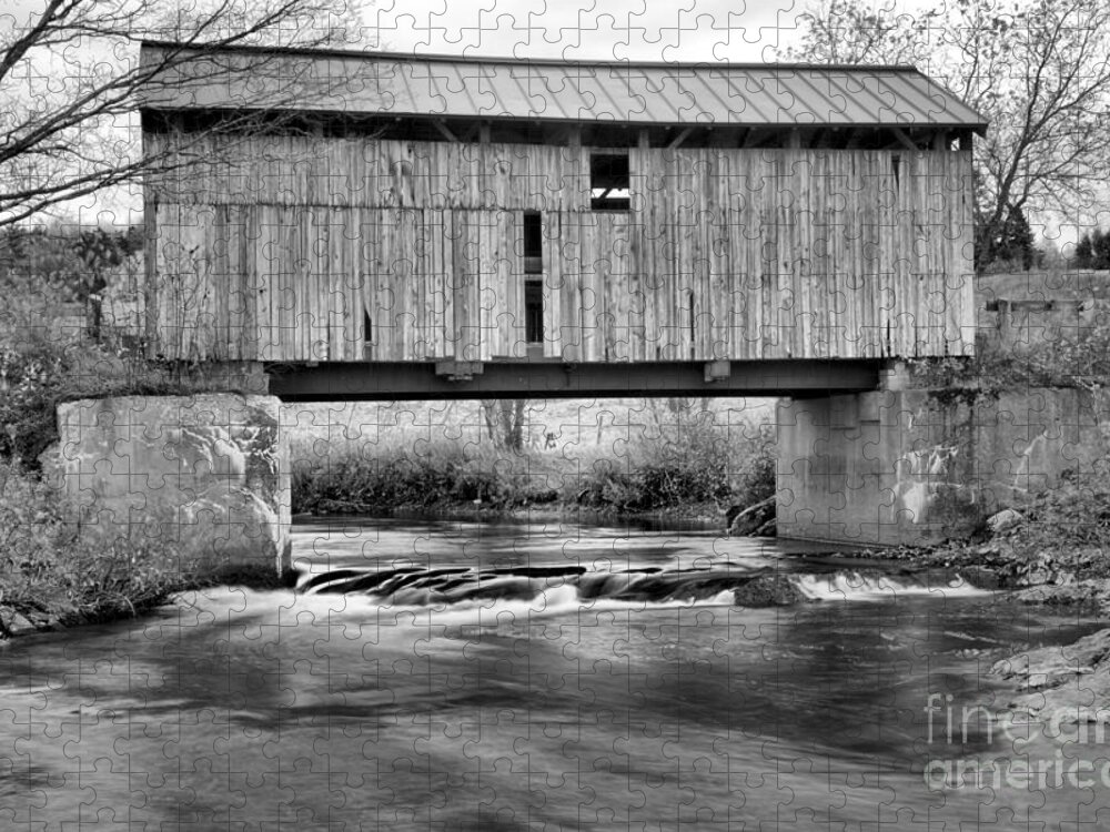 Scribner Covered Bridge Jigsaw Puzzle featuring the photograph Vermont Mudgett Covered Bridge Black And White by Adam Jewell