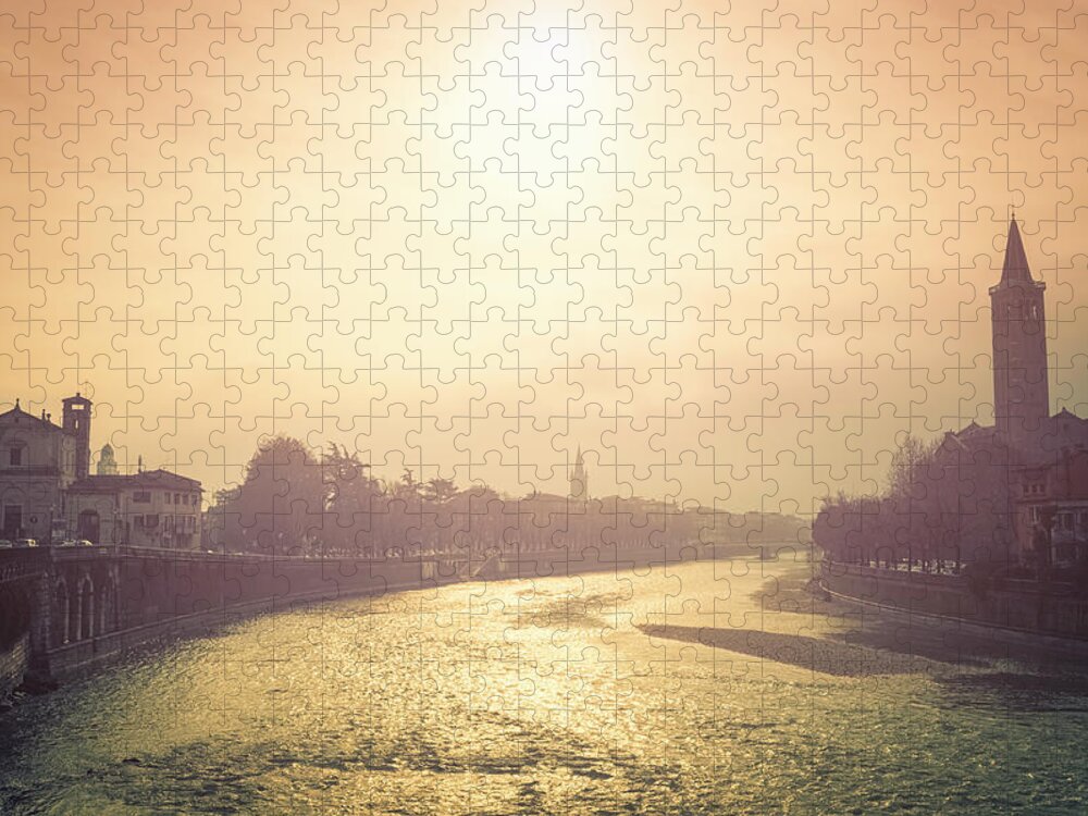 Scenics Jigsaw Puzzle featuring the photograph Verona Cityscape And Adige River At Dawn by Cirano83