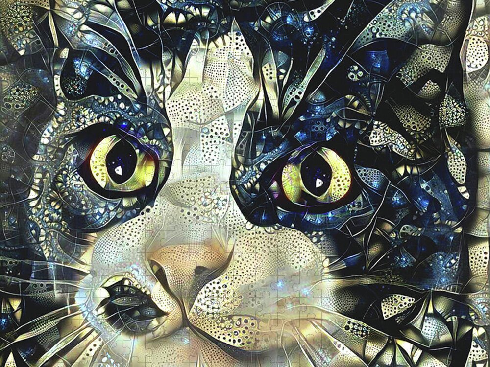Black And White Cat Jigsaw Puzzle featuring the digital art Versacci the Black and White Rescue Cat by Peggy Collins