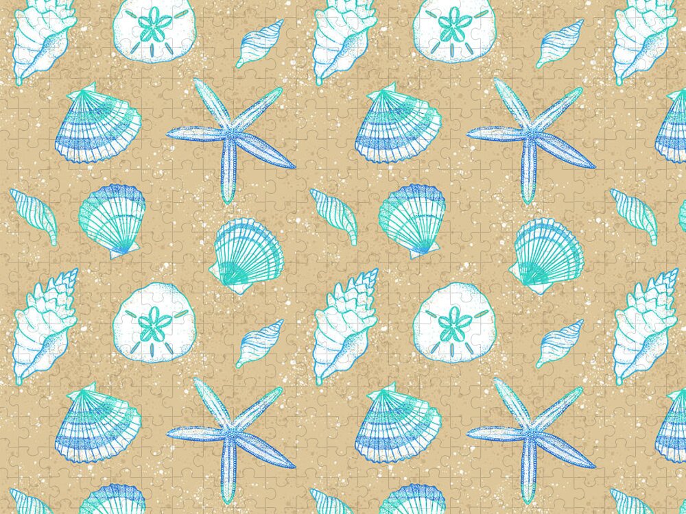 Pattern Jigsaw Puzzle featuring the painting Vibrant Seashell Pattern Tan Sand Background by Jen Montgomery