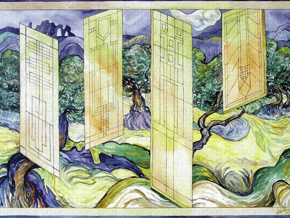 #watercolor #art #vincentvangogh #franklloydwright #fineart #olivetrees #stainedglass Jigsaw Puzzle featuring the painting Vincent Meets Frank by Mick Williams