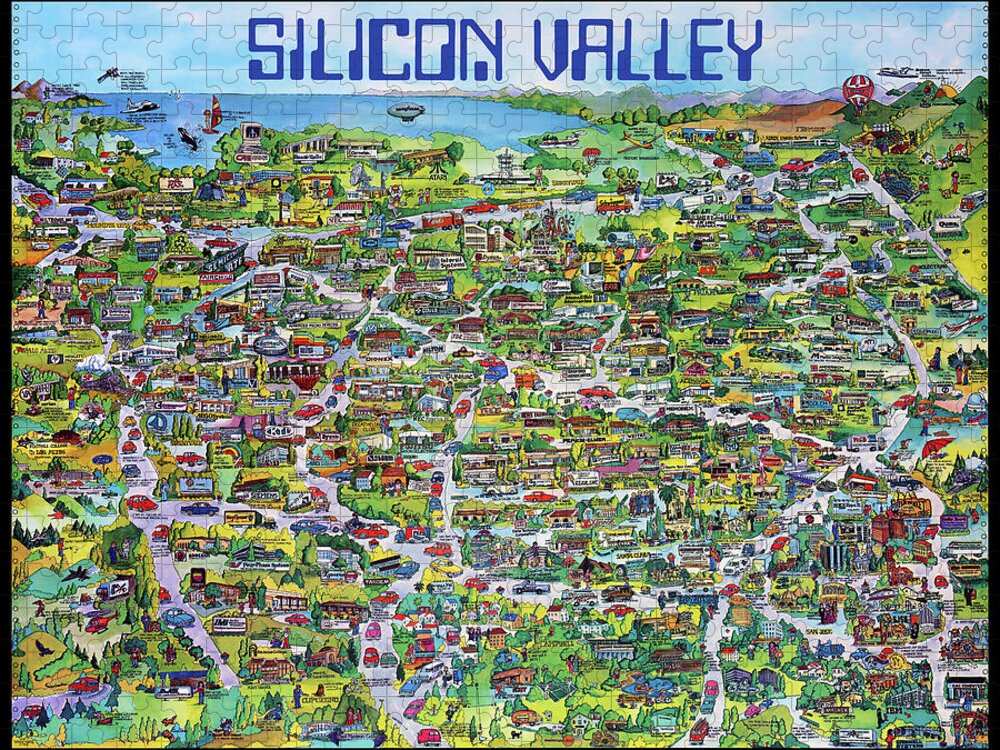 Silicon Valley Jigsaw Puzzle featuring the mixed media Vintage 1982 Silicon Valley USA Poster Print, Shows Many Historic Companies and Places by Kathy Anselmo