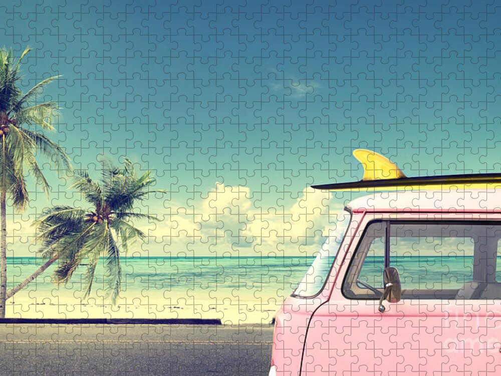 Pink Puzzle featuring the photograph Vintage Car In The Beach by Jakkapan