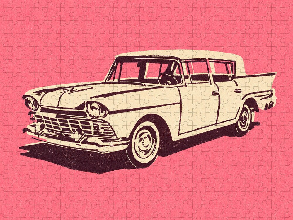 Auto Jigsaw Puzzle featuring the drawing Vintage Car on Pink Background by CSA Images