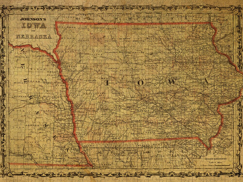 Vintage Jigsaw Puzzle featuring the mixed media Vintage Map of Iowa 1862 by Design Turnpike