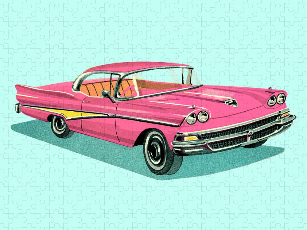 Auto Jigsaw Puzzle featuring the drawing Vintage Pink Car by CSA Images