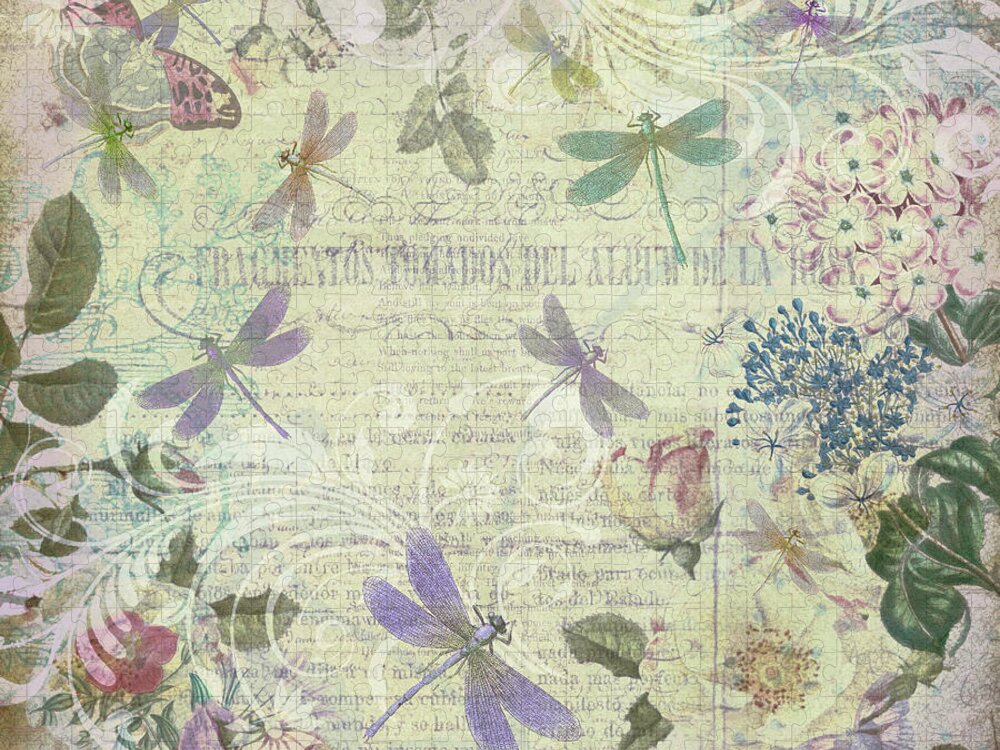 Vintage Jigsaw Puzzle featuring the drawing Vintage Romantic Botanical with Dragonflies by Peggy Collins