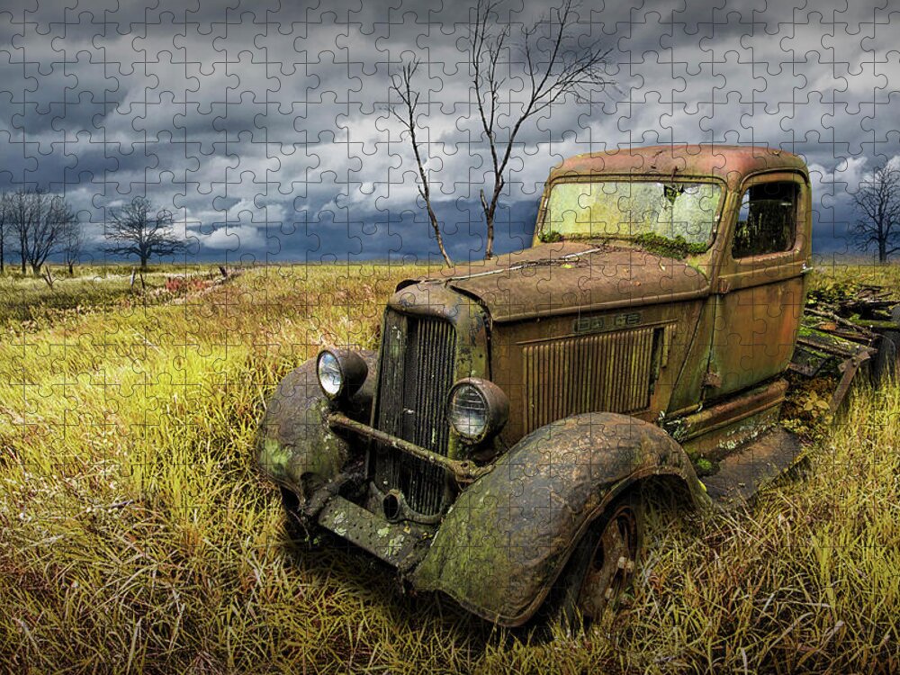 Dodge Jigsaw Puzzle featuring the photograph Vintage Truck in a Grassy Field Rural Landscape by Randall Nyhof