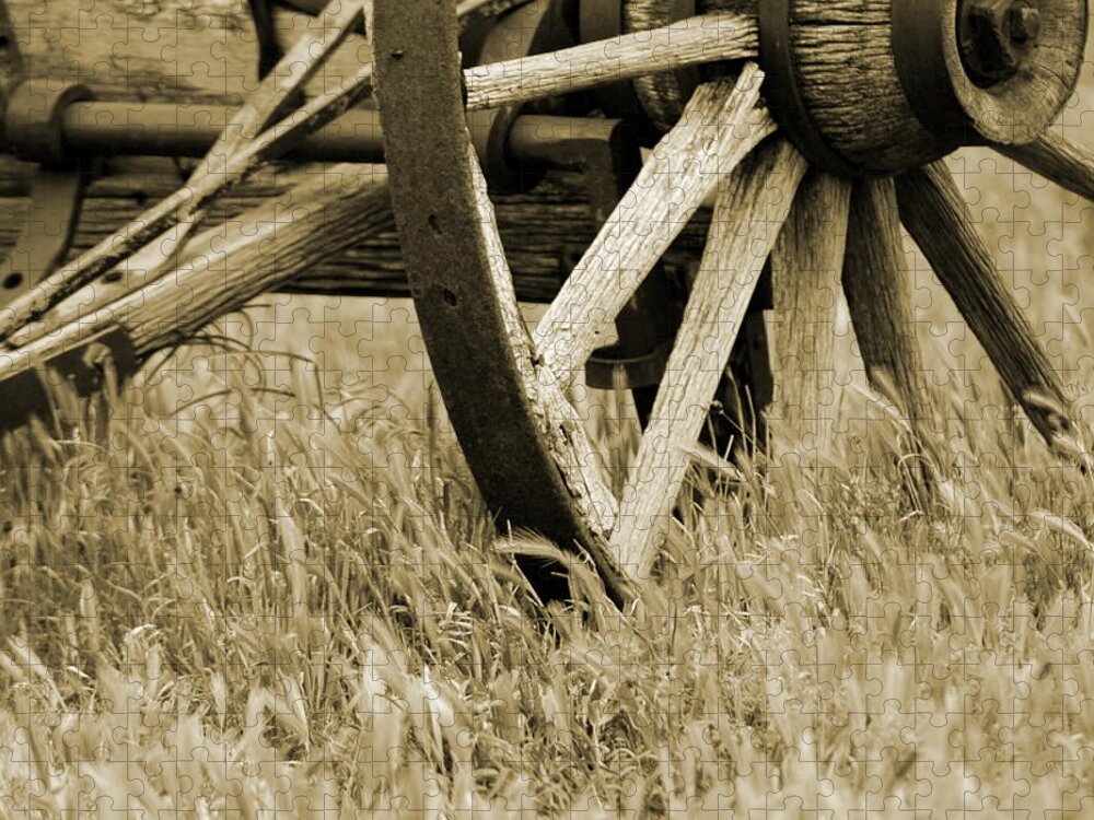 Sepia Jigsaw Puzzle featuring the photograph Vintage Wagon Wheel in Sepia by Colleen Cornelius