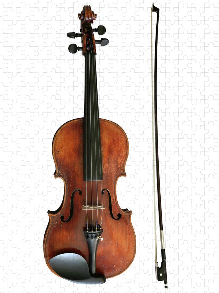 White Background Jigsaw Puzzle featuring the photograph Violin And Bow by Yenwen