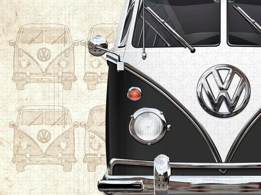 ‘volkswagen Type 2’ Collection By Serge Averbukh Jigsaw Puzzle featuring the digital art Volkswagen Type 2 - Black and White Volkswagen T1 Samba Bus over Vintage Sketch by Serge Averbukh