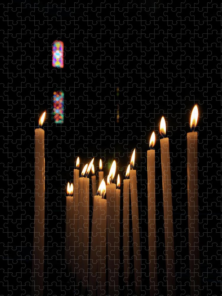 Tranquility Jigsaw Puzzle featuring the photograph Votive Candles Burning In A Church In by Gregory Adams
