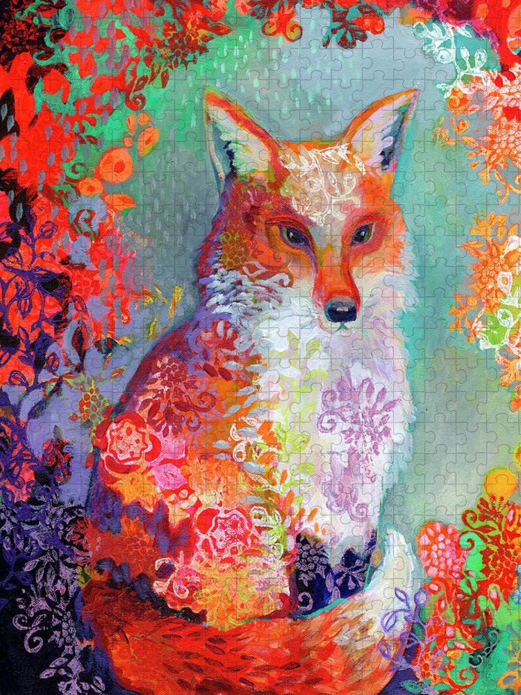 Fox Jigsaw Puzzle featuring the painting Waiting for Dusk by Jennifer Lommers
