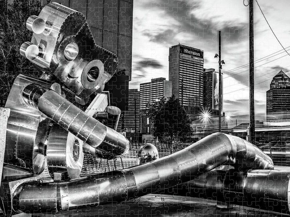 Dallas Skyline Jigsaw Puzzle featuring the photograph Waiting on A Train in Deep Ellum - Monochrome Traveling Man by Gregory Ballos