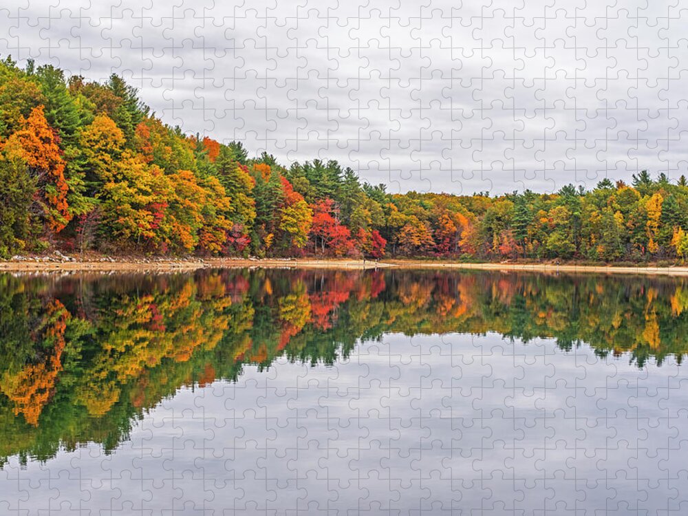 Walden Jigsaw Puzzle featuring the photograph Walden Pond Fall Foliage Concord MA Reflection Trees by Toby McGuire