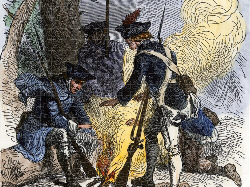 War Jigsaw Puzzle featuring the drawing War Of Independence Or American Revolution (1775-1783) Tired American Soldiers Gather To Heat Themselves Around A Campfire In Valley Forge (pennsylvania) Coloured Water, 19th Century by American School
