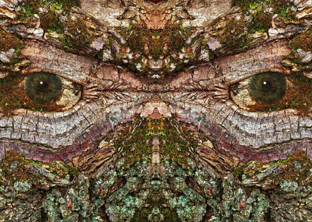 Wood Tree Eye Freaky Mask Scary Ent Organic Life Moss Algae Eyes Eyeball Watching Watcher Abstract Psychodelic Nightmare Frightful Monster Dark Forest “green Man” Jigsaw Puzzle featuring the photograph Watcher in the Wood #1 - Human face and eyes hiding in mirrored tree feature- Green Man by Peter Herman