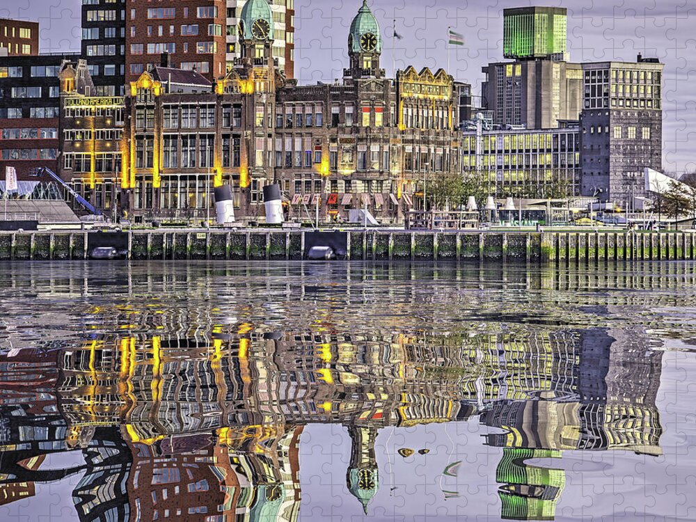 Architecture Jigsaw Puzzle featuring the digital art Water Reflection Hotel New York Rotterdam by Frans Blok