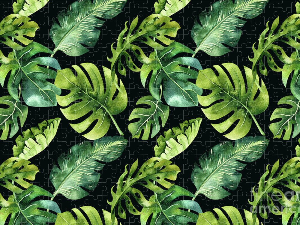 Botanical Jigsaw Puzzle featuring the digital art Watercolor Botanical Tropical Palm Leaves on Solid Black Background by PIPA Fine Art - Simply Solid