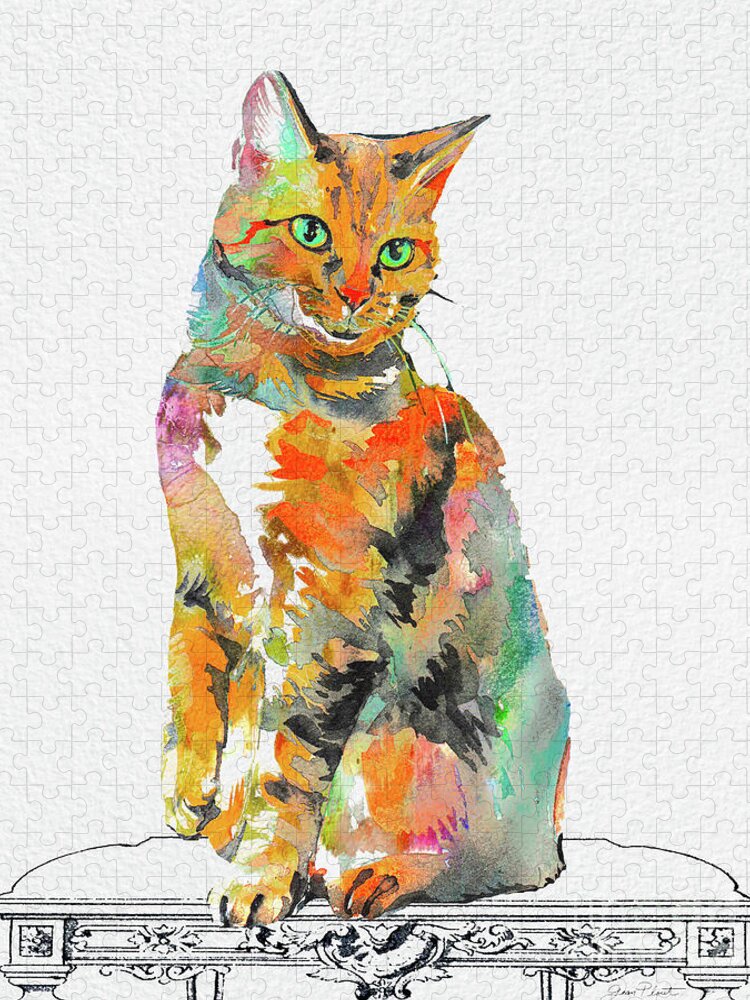 Cat Jigsaw Puzzle featuring the painting Watercolor Cat on Table A by Jean Plout