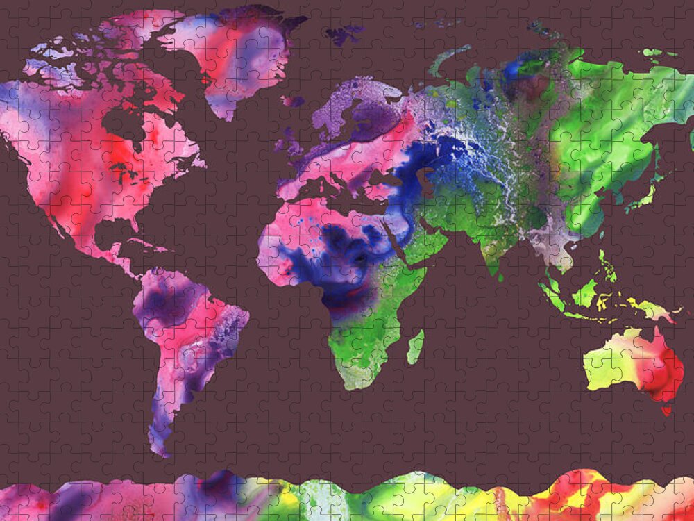 Purple Jigsaw Puzzle featuring the painting Watercolor Silhouette World Map Colorful PNG XI by Irina Sztukowski