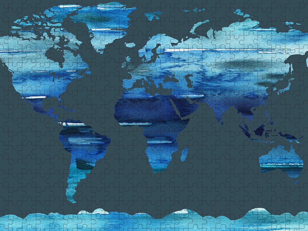 Blue Jigsaw Puzzle featuring the painting Watercolor Silhouette World Map Colorful PNG XIX by Irina Sztukowski