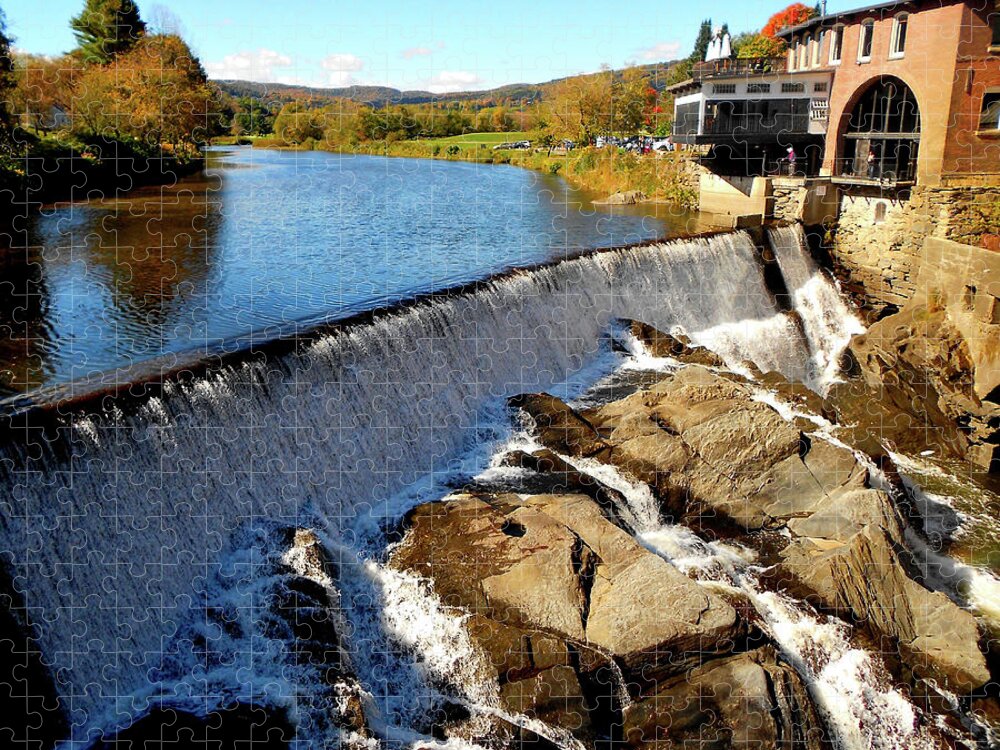 Waterfall Jigsaw Puzzle featuring the photograph Waterfall Behind Parker House Bar and Bistro in Vermont by Linda Stern