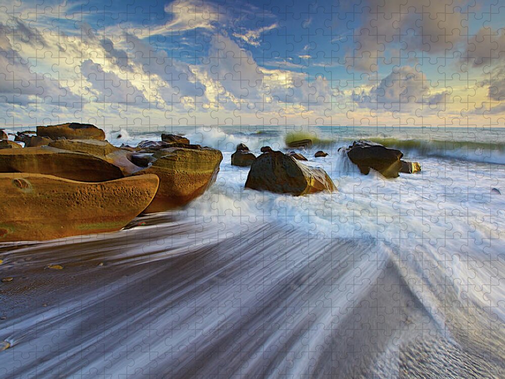 Tranquility Jigsaw Puzzle featuring the photograph Waves Crashing On Rocks by Sunrise@dawn Photography