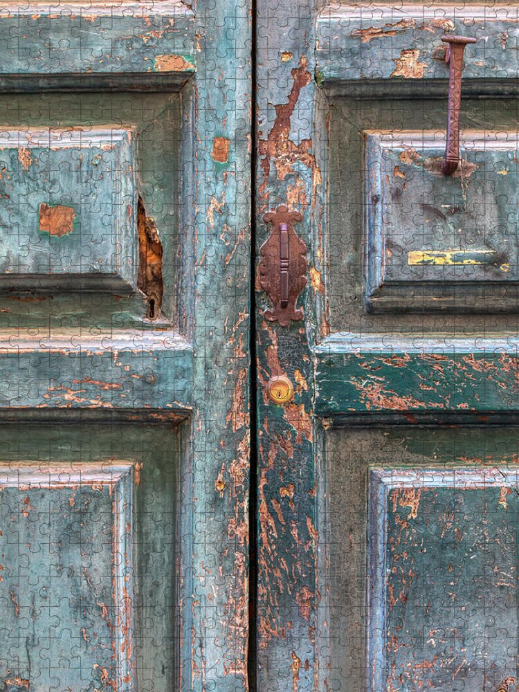 Cortona Jigsaw Puzzle featuring the photograph Weathered Rustic Green Door of Cortona by David Letts