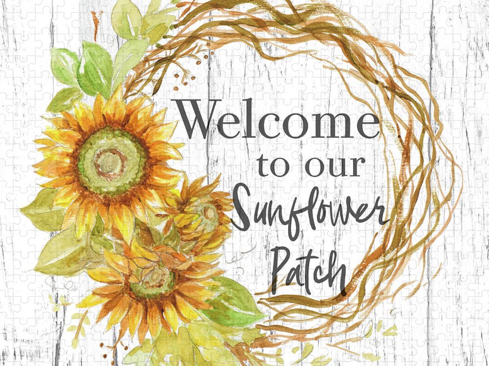 Welcome Jigsaw Puzzle featuring the mixed media Welcome To Our Sunflower Patch by Patricia Pinto
