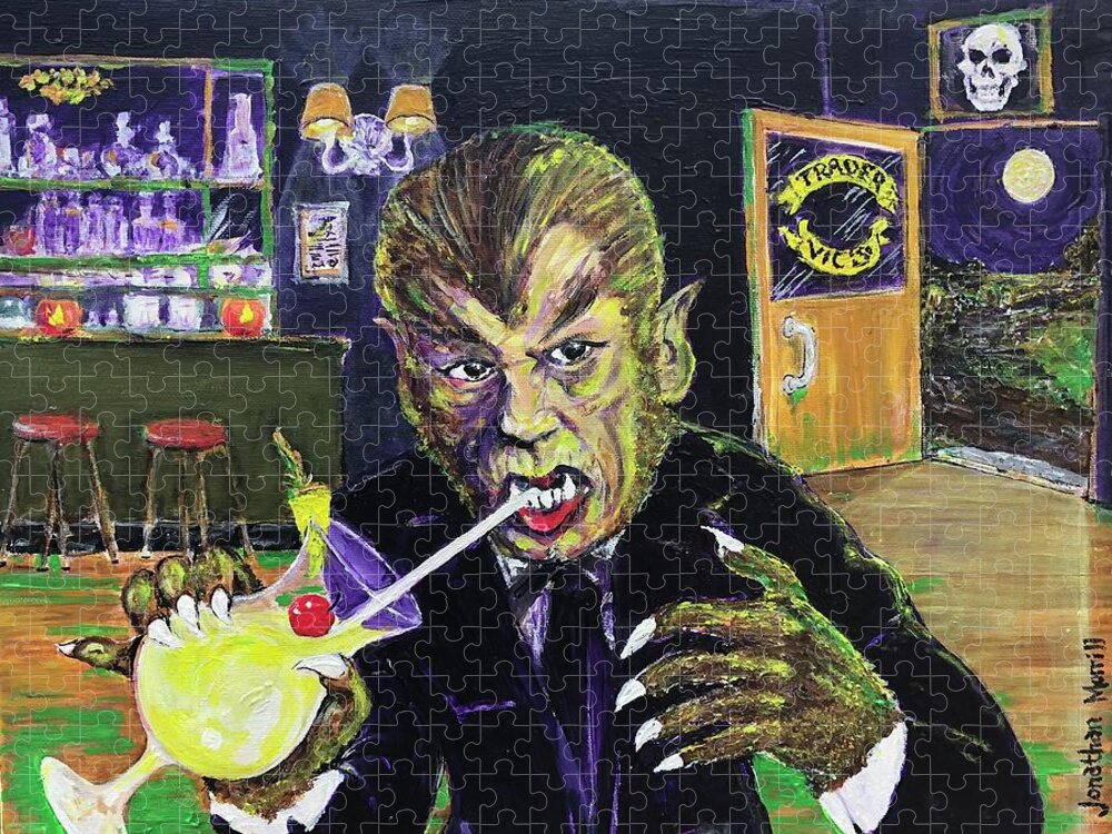 Werewolf Werewolves Of London Universal Monsters Pina Colada Warren Zevon Halloween Henry Hull Hollywood Mai-tai 1935 1978 1995 2014 Tonga Hut Beast In Show Witch's Dungeon Universal Ioka Bristol Connecticut Kent Jigsaw Puzzle featuring the painting Werewolf Drinking A Pina Colada At Trader Vic's by Jonathan Morrill