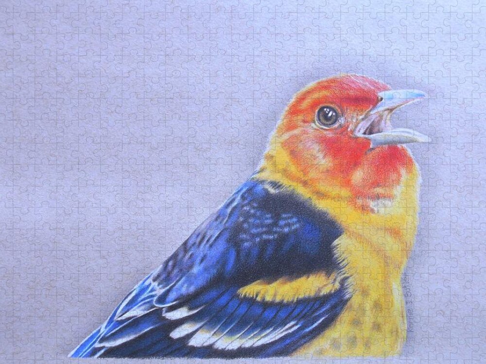 Western Tanager Jigsaw Puzzle featuring the drawing Western Tanager - Male by Karrie J Butler