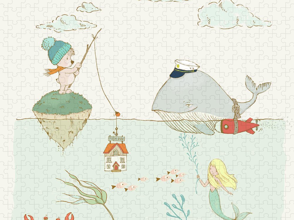 Whale Jigsaw Puzzle featuring the painting Whale and bear in the ocean whimsical art for kids by Matthias Hauser