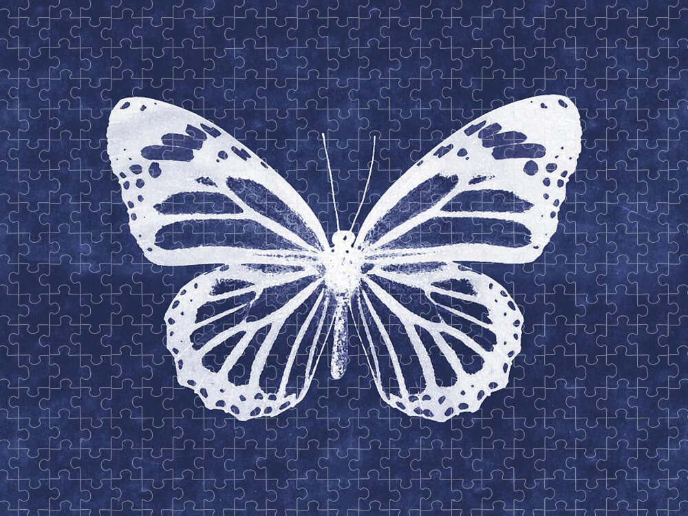 Butterfly Jigsaw Puzzle featuring the mixed media White and Indigo Butterfly 3- Art by Linda Woods by Linda Woods