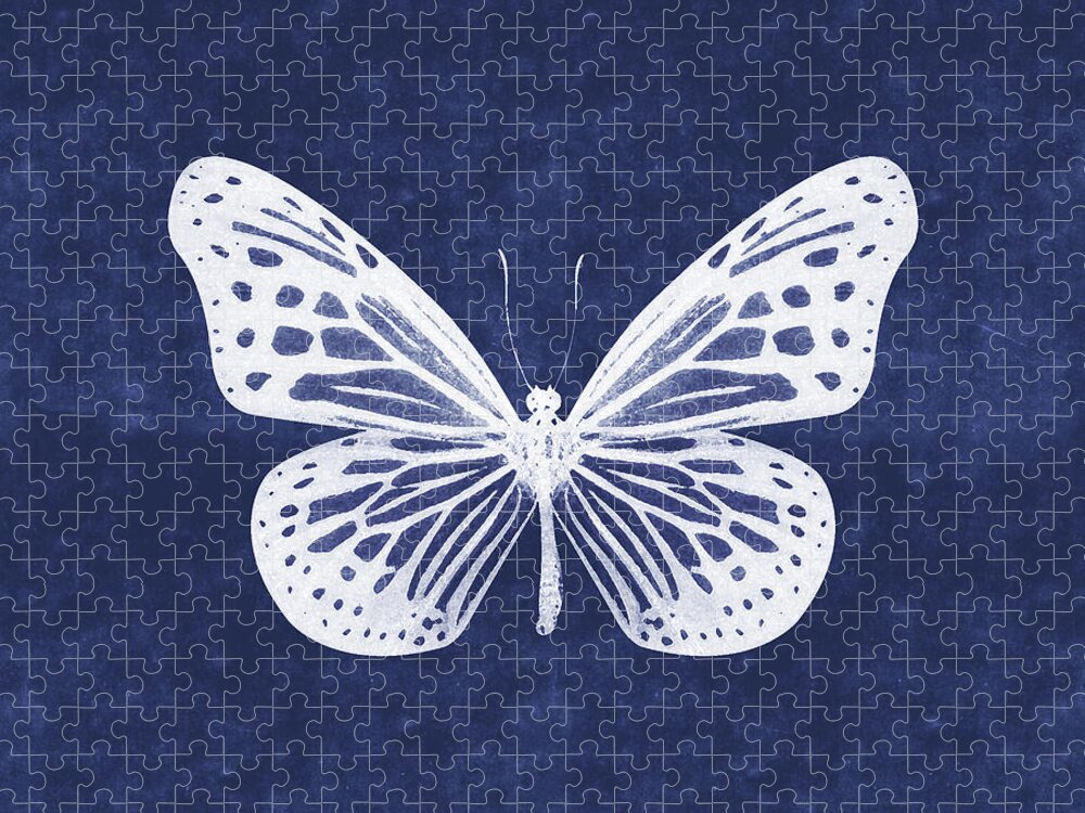 Butterfly Puzzle featuring the mixed media White and Indigo Butterfly- Art by Linda Woods by Linda Woods