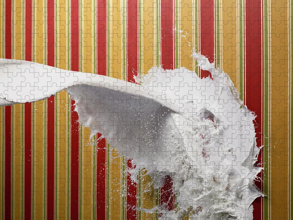Milk Jigsaw Puzzle featuring the photograph White Paint Splattering On Stripe by Biwa Studio
