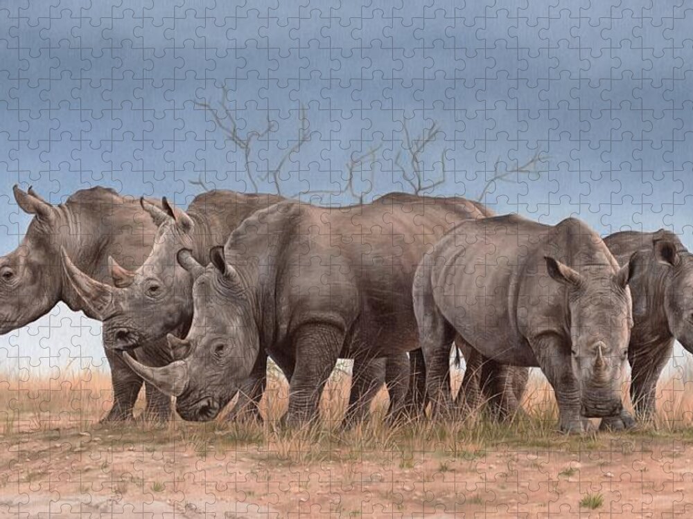 White Rhinos Jigsaw Puzzle featuring the painting White Rhinos Panoramic by Rachel Stribbling