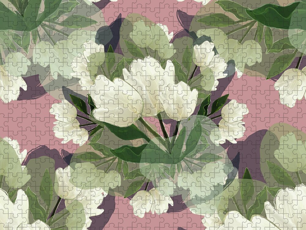 Glory Jigsaw Puzzle featuring the mixed media White Tulips - on pink by BFA Prints