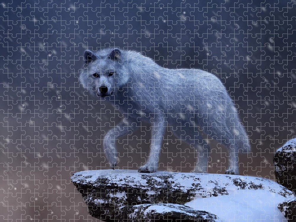 White Wolf Jigsaw Puzzle featuring the digital art White Wolf in a Blizzard by Daniel Eskridge