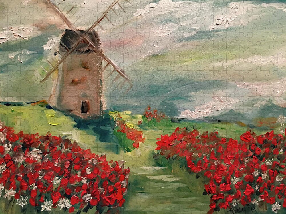 Windmill Jigsaw Puzzle featuring the painting Windmill in a Poppy Field by Roxy Rich