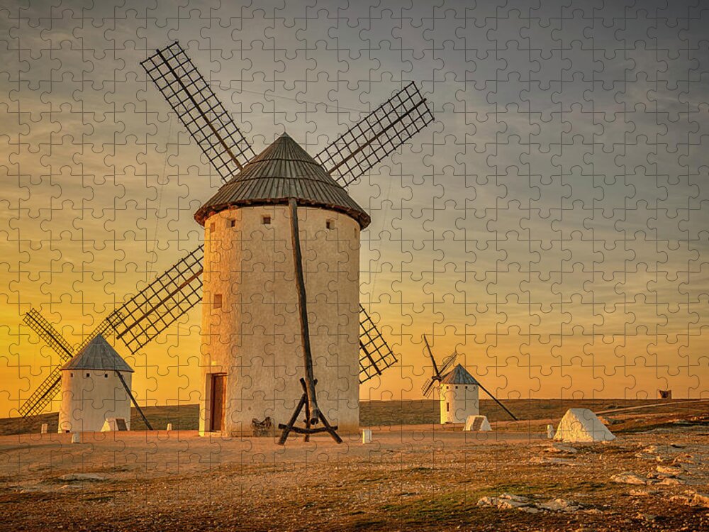 Spain Jigsaw Puzzle featuring the photograph Windmills at Campo de Criptana La Mancha Spain_GRK2370_02062019 by Greg Kluempers
